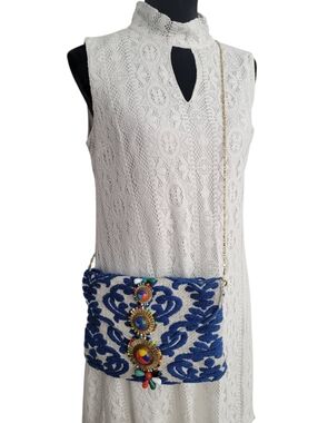 Steven By Steve Madden Blue and White Embroidered Beaded Purse